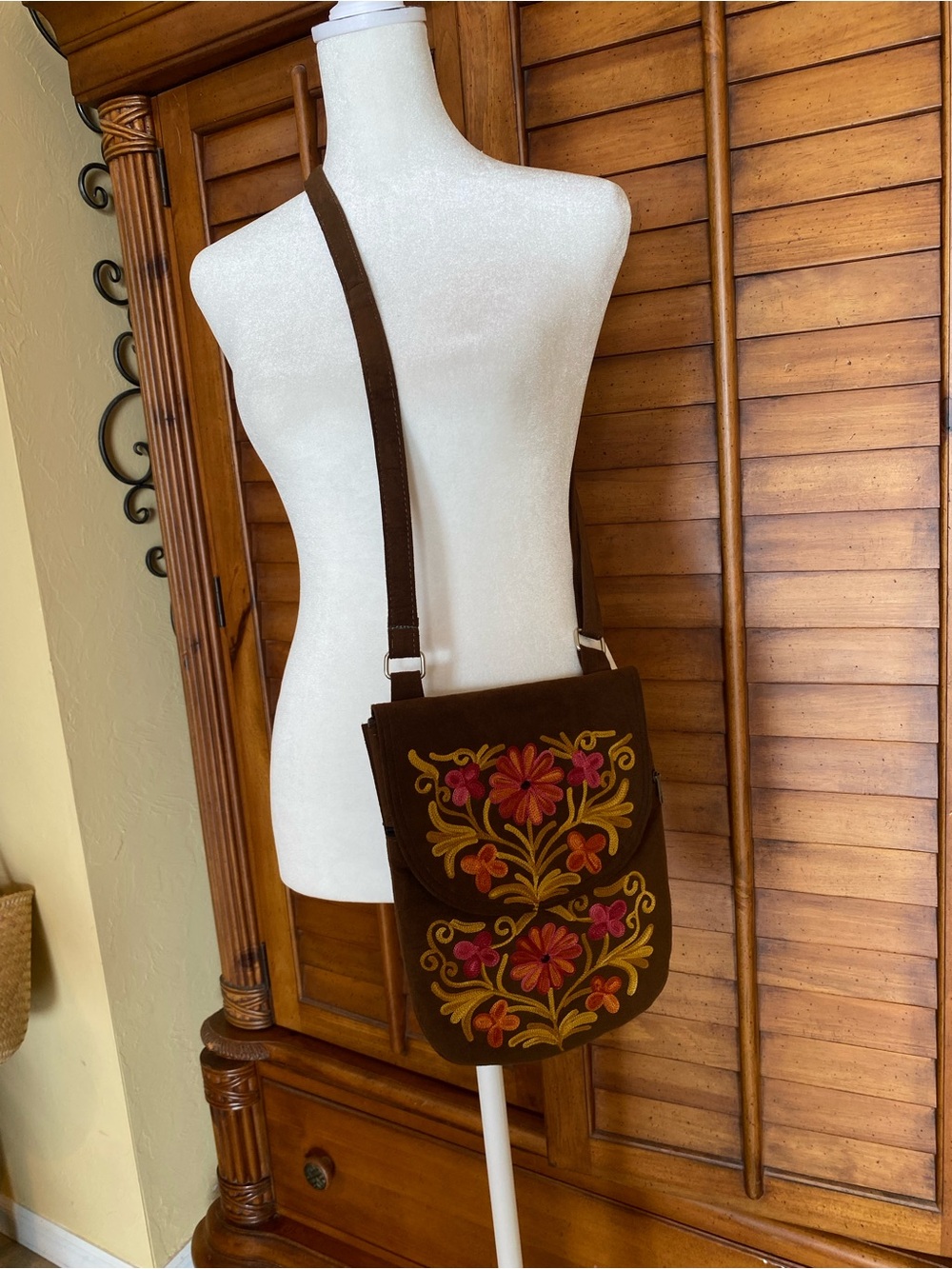 David Jeffrey Brown Floral Embroidered Suede Crossbody Bag
